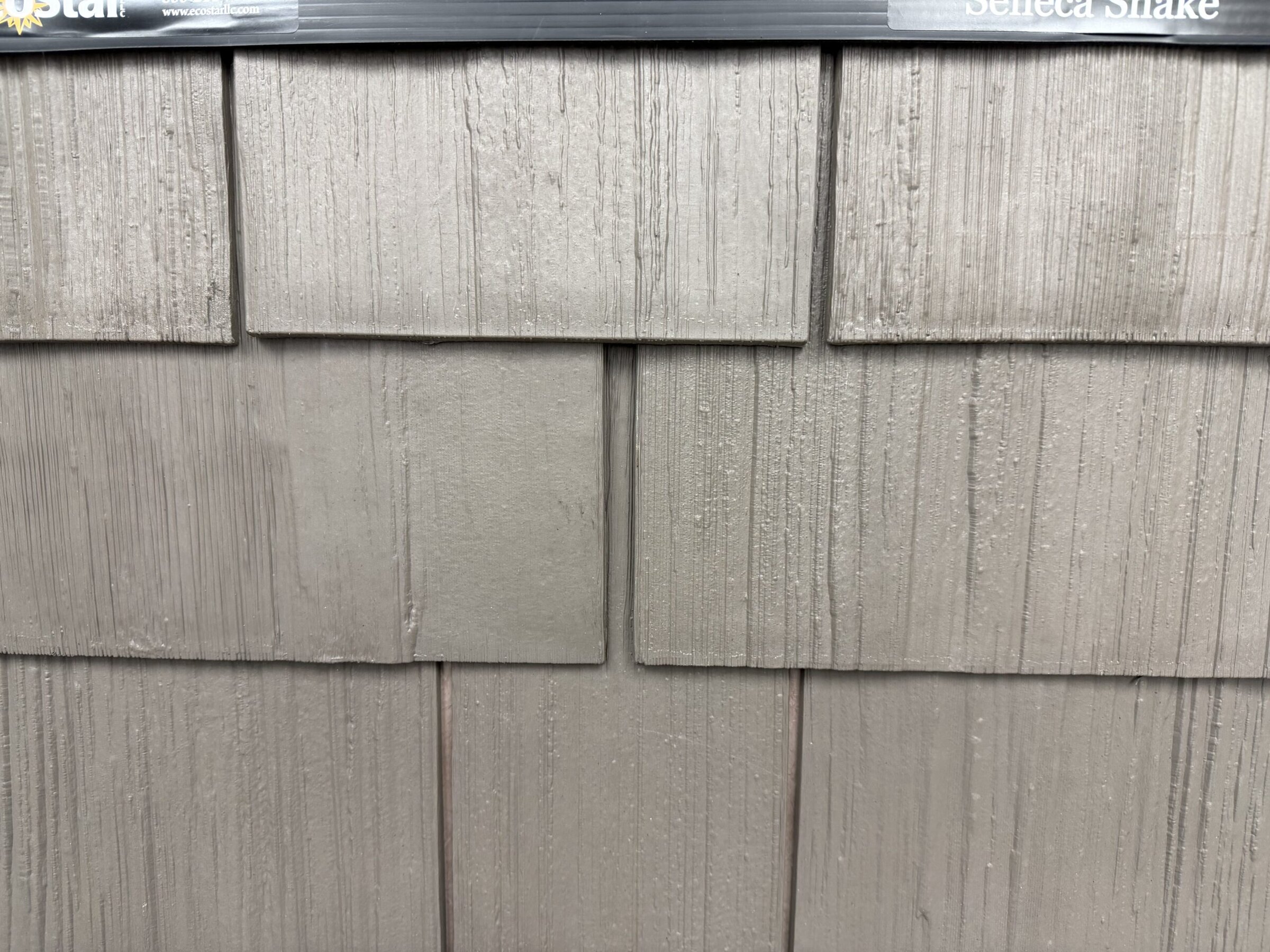 Close-up of shake-style composite roofing shingles